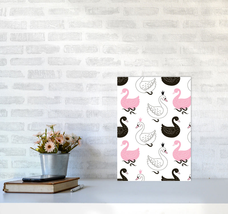 Pink Black And White Swan Pattern Modern Print Animal Art Print A3 Black Frame