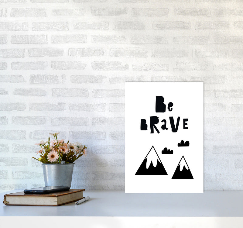Be Brave Scandi Mountains Framed Typography Wall Art Print A3 Black Frame