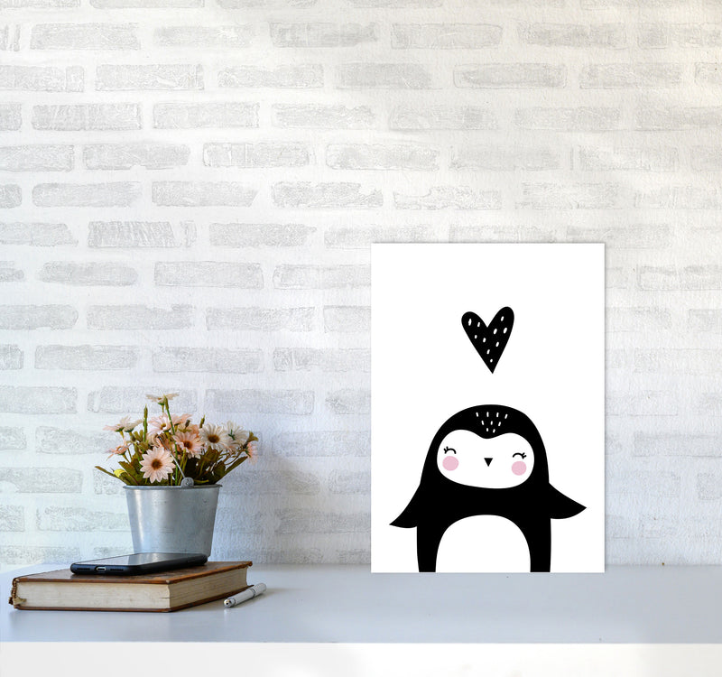 Penguin And Heart Modern Print Animal Art Print A3 Black Frame