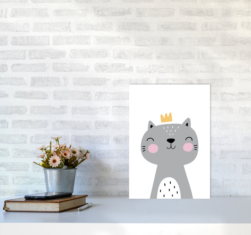 Grey Scandi Cat With Crown Modern Print Animal Art Print A3 Black Frame