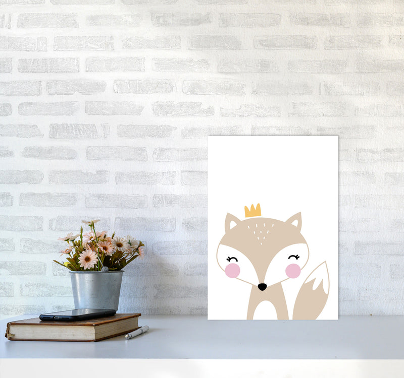 Scandi Beige Fox With Crown Framed Nursey Wall Art Print A3 Black Frame