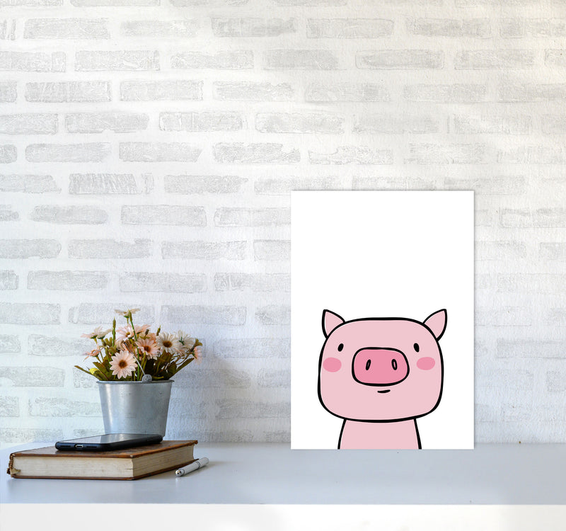 Scandi Pink Pig Framed Nursey Wall Art Print A3 Black Frame