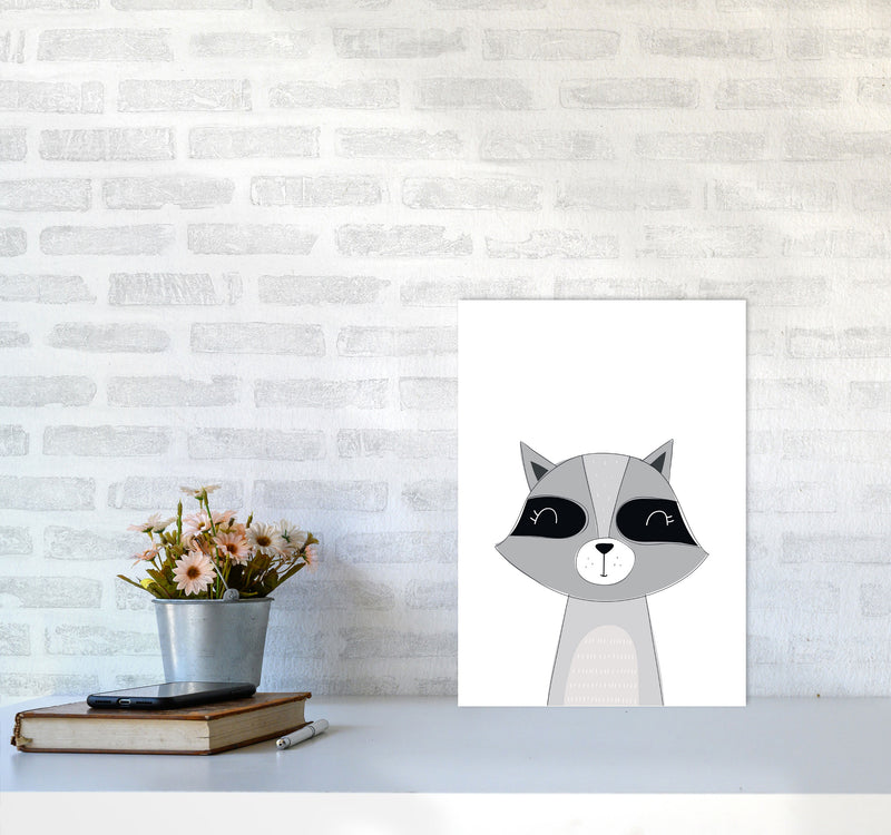 Scandi Raccoon Framed Nursey Wall Art Print A3 Black Frame