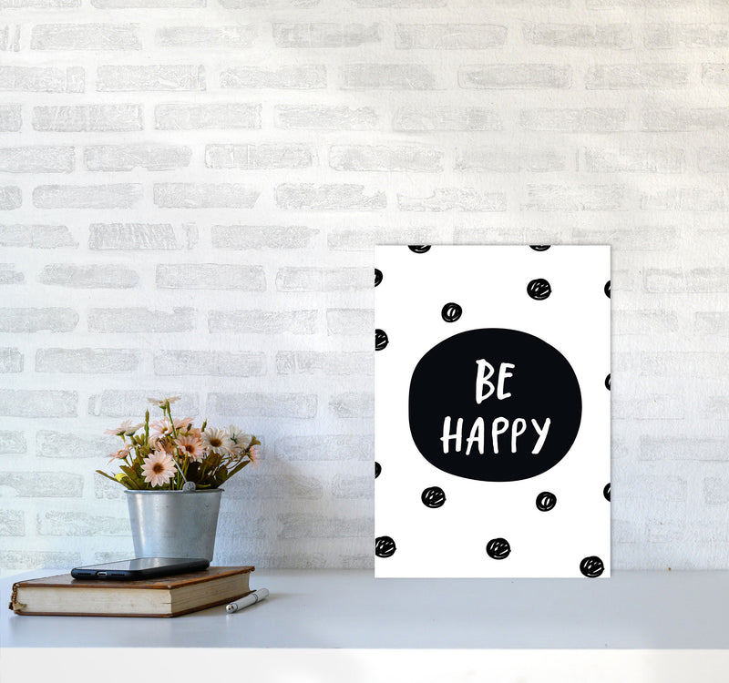 Be Happy Polka Dot Framed Typography Wall Art Print A3 Black Frame