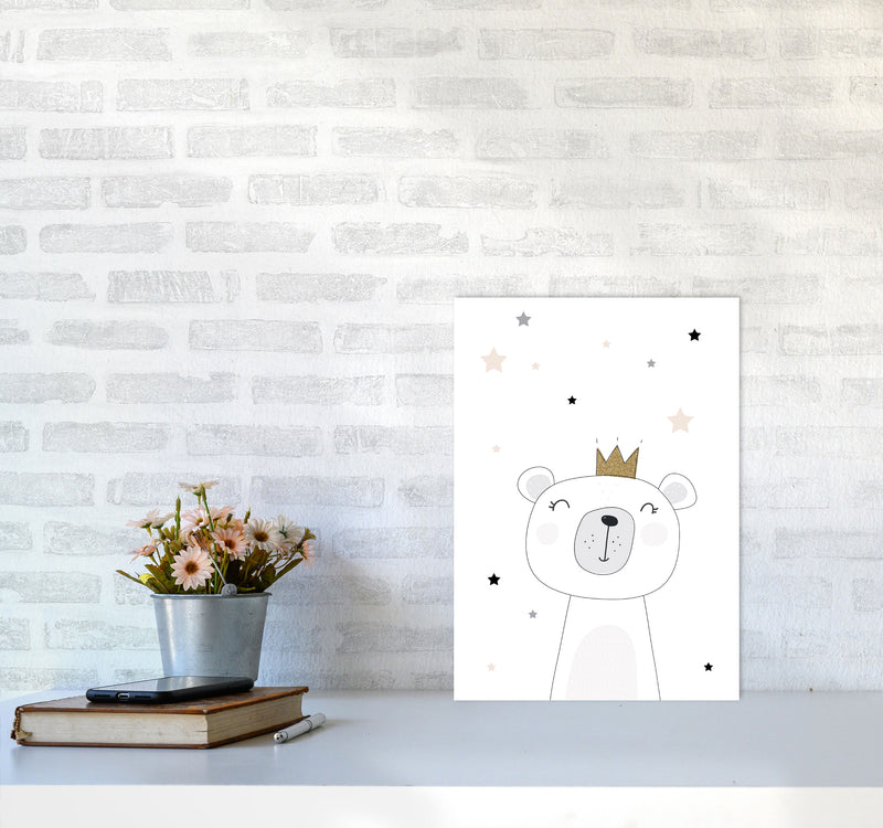 Scandi Cute Bear With Crown And Stars Print, Framed Childrens Wall Art A3 Black Frame