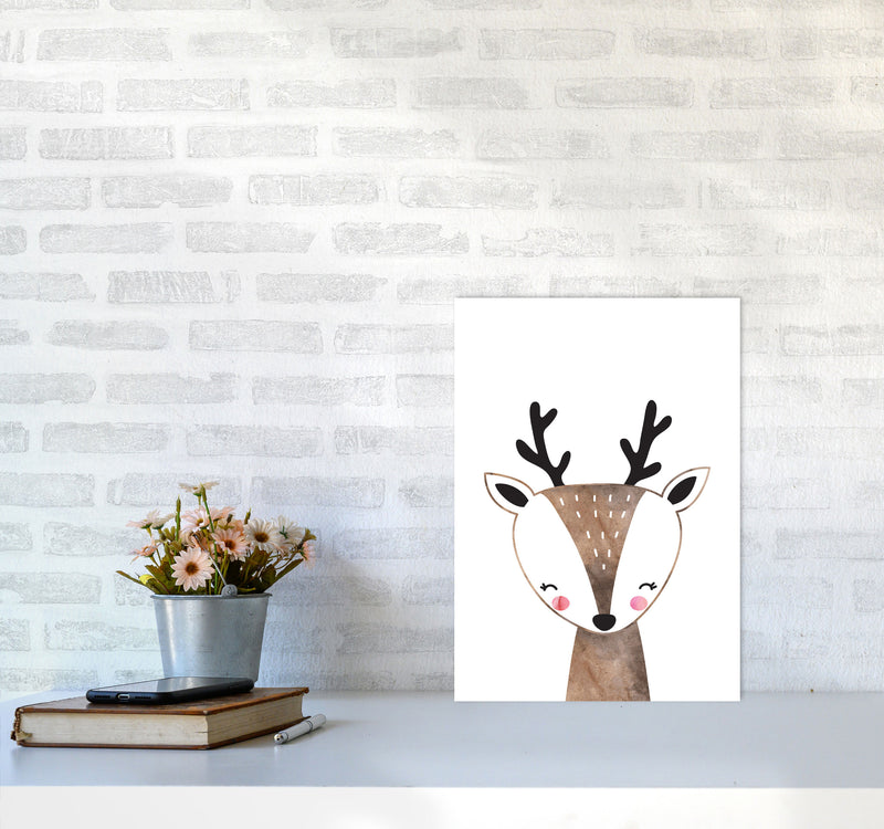 Scandi Brown Deer Watercolour Framed Nursey Wall Art Print A3 Black Frame