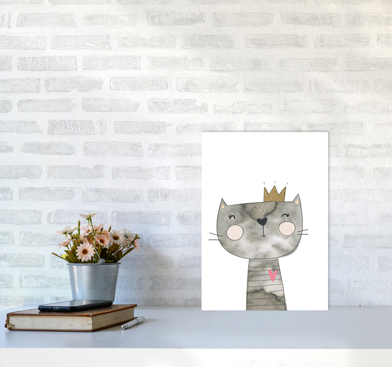 Scandi Grey Cat Watercolour Framed Nursey Wall Art Print A3 Black Frame