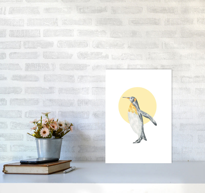 Watercolour Penguin With Yellow Circle Modern Print, Animal Art Print A3 Black Frame