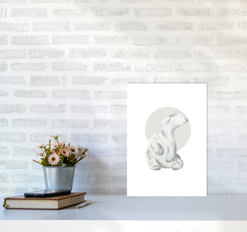 Watercolour Polar Bear With Grey Circle Modern Print, Animal Art Print A3 Black Frame