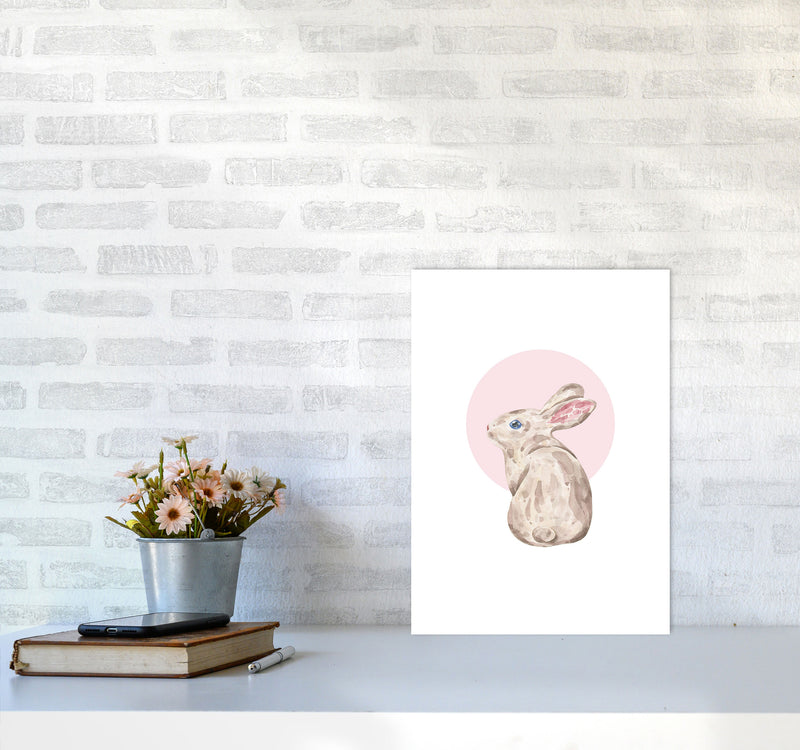 Watercolour Bunny With Pink Circle Modern Print, Animal Art Print A3 Black Frame