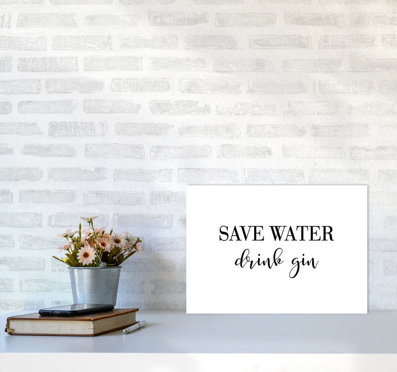 Save Water Drink Gin Modern Print, Framed Kitchen Wall Art A3 Black Frame