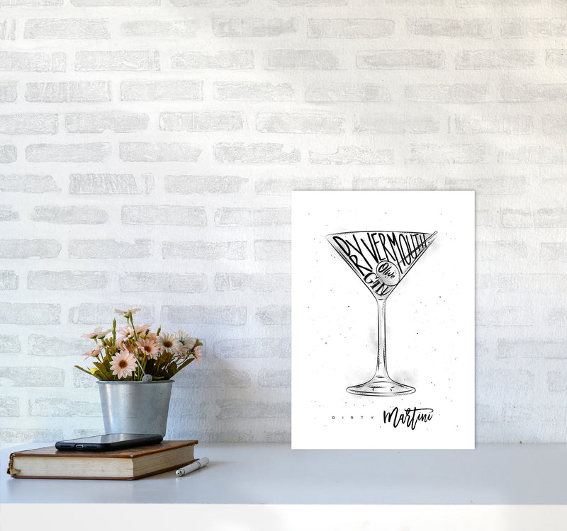 Dirty Martini Cocktail Modern Print, Framed Kitchen Wall Art A3 Black Frame