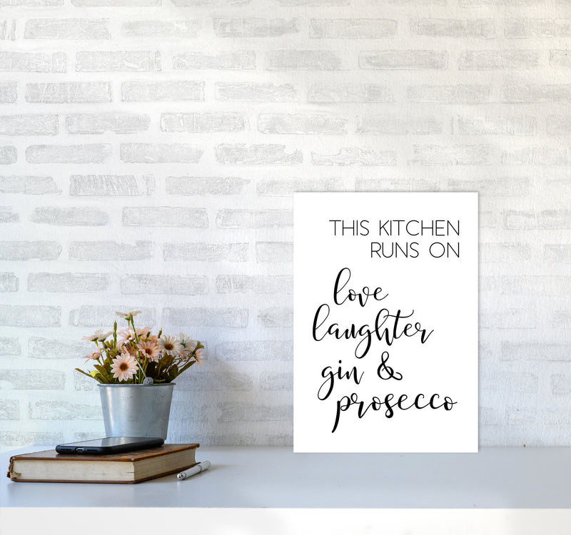 This Kitchen Runs On Love Laughter Gin & Prosecco Print, Framed Kitchen Wall Art A3 Black Frame