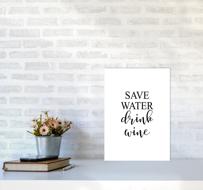 Save Water Drink Wine Modern Print, Framed Kitchen Wall Art A3 Black Frame