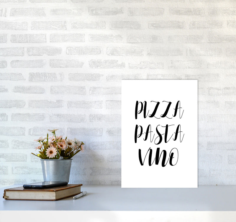 Pizza Pasta Vino Modern Print, Framed Kitchen Wall Art A3 Black Frame