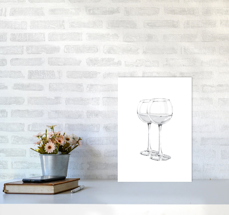 White Wine Glasses Modern Print, Framed Kitchen Wall Art A3 Black Frame