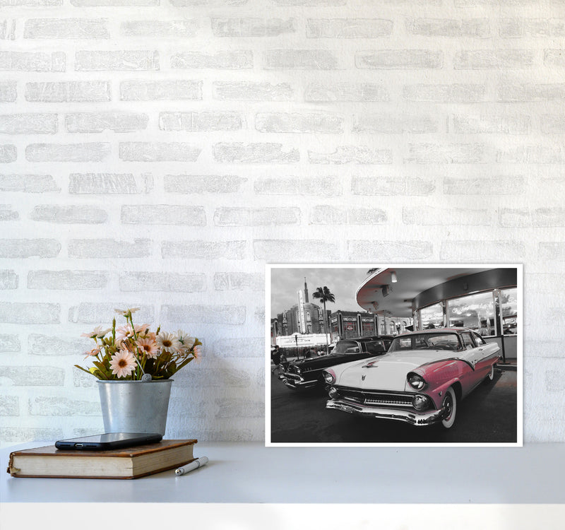 Vintage Pink And White Car Modern Print A3 Black Frame