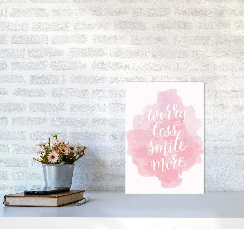 Worry Less Smile More Pink Watercolour Modern Print A3 Black Frame