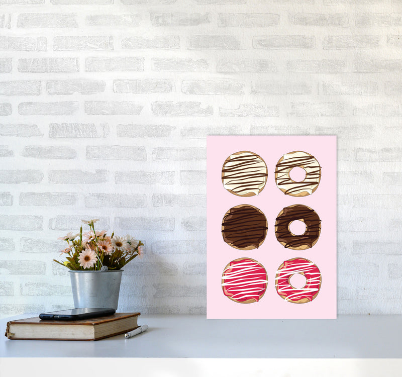 Donuts Pink Modern Print, Framed Kitchen Wall Art A3 Black Frame