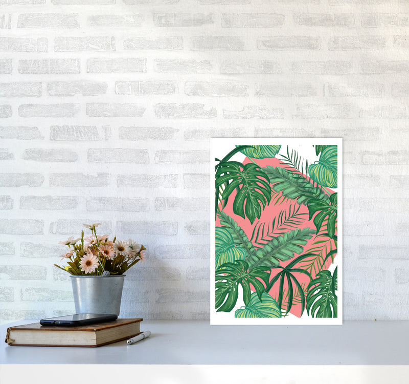 Abstract Leaves With Pink Background Modern Print, Framed Botanical Nature Art A3 Black Frame
