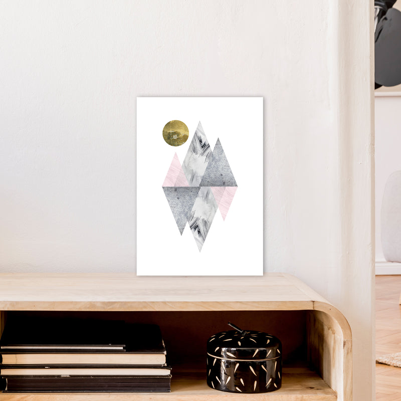 Luna Pink And Grey Diamonds With Gold Moon  Art Print by Pixy Paper A3 Black Frame