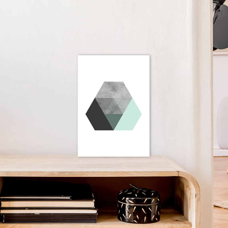Geometric Mint And Black Hexagon  Art Print by Pixy Paper A3 Black Frame