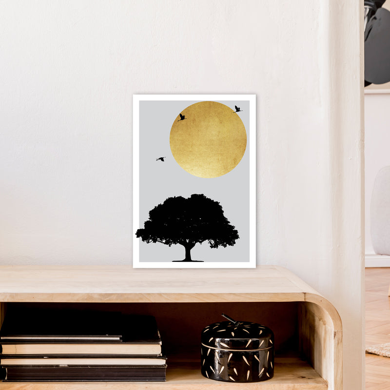 Gold Sun And Tree Abstract  Art Print by Pixy Paper A3 Black Frame
