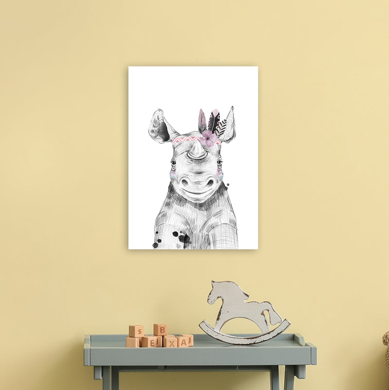 Safari Babies Rhino With Head Feathers  Art Print by Pixy Paper A3 Black Frame