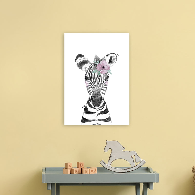 Safari Babies Zebra With Flower  Art Print by Pixy Paper A3 Black Frame