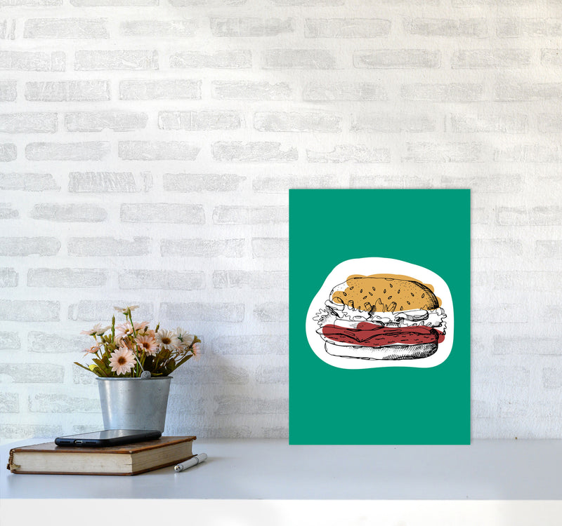 Kitchen Pop Burger Teal Art Print by Pixy Paper A3 Black Frame