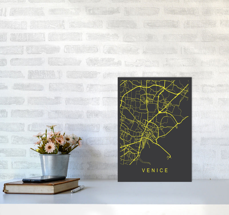 Venice Map Neon Art Print by Pixy Paper A3 Black Frame