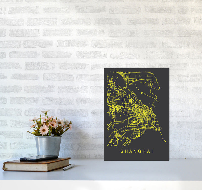 Shanghai Map Neon Art Print by Pixy Paper A3 Black Frame