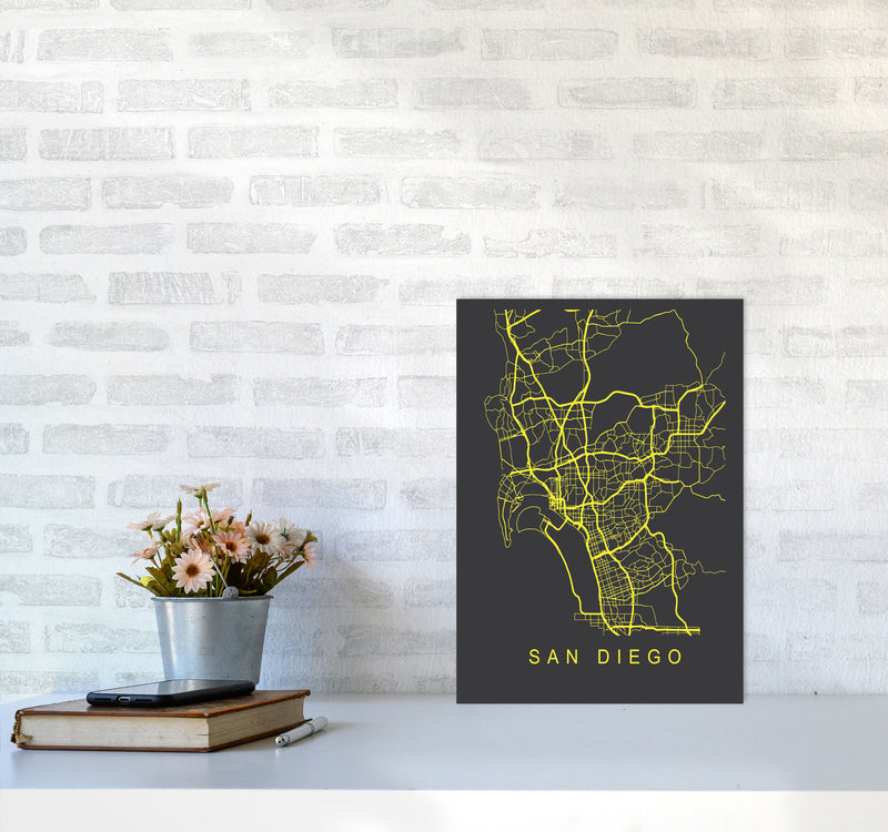 San Diego Map Neon Art Print by Pixy Paper A3 Black Frame