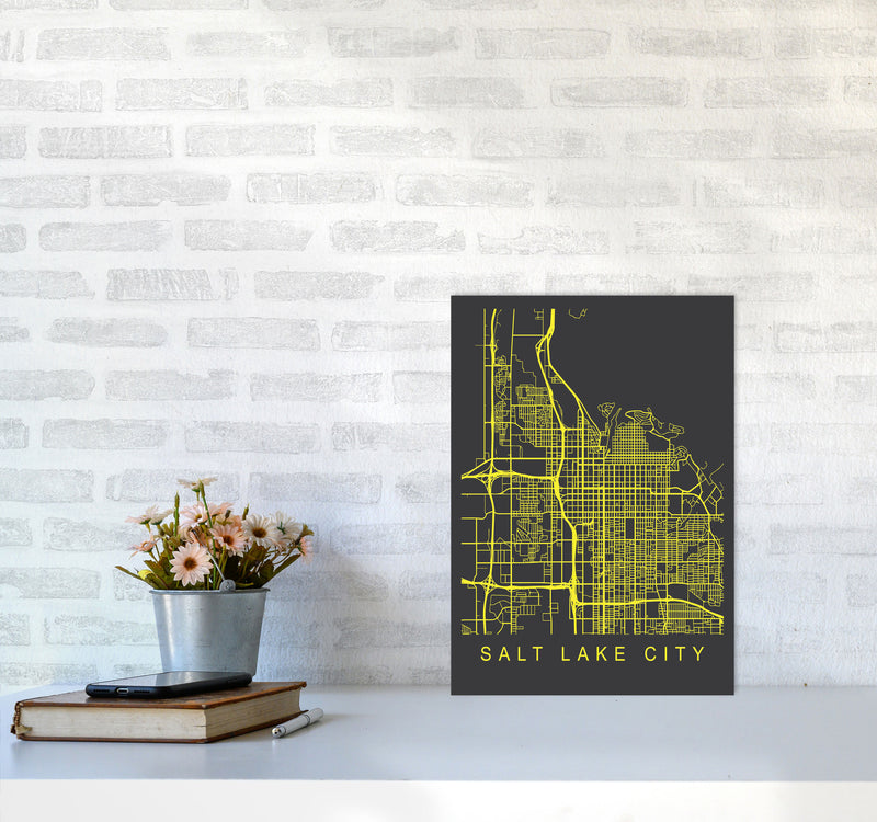 Salt Lake City Map Neon Art Print by Pixy Paper A3 Black Frame