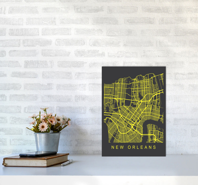 New Orleans Map Neon Art Print by Pixy Paper A3 Black Frame