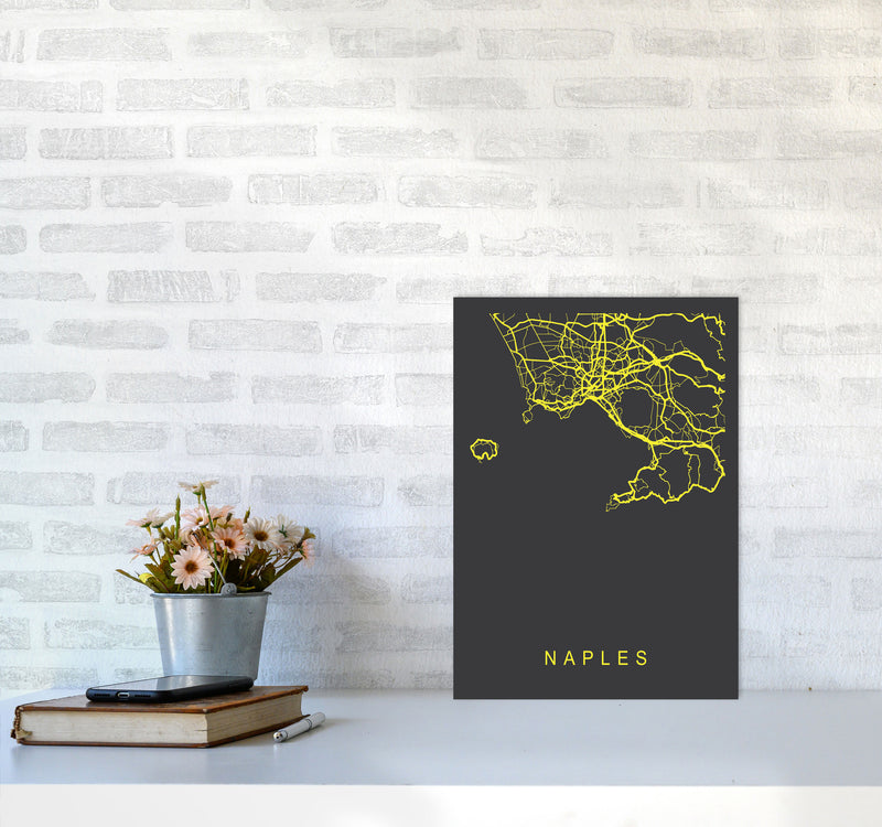 Naples Map Neon Art Print by Pixy Paper A3 Black Frame