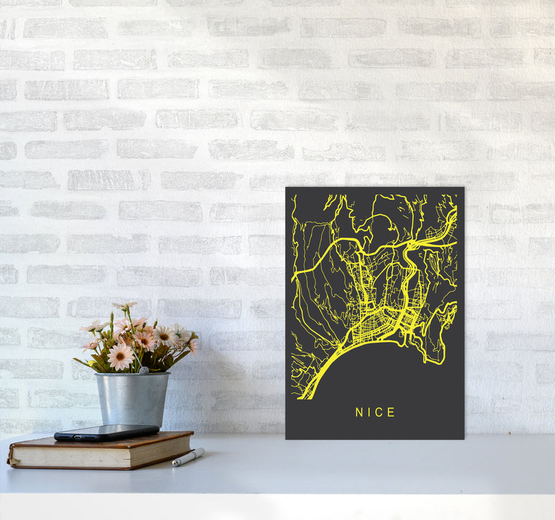 Nice Map Neon Art Print by Pixy Paper A3 Black Frame