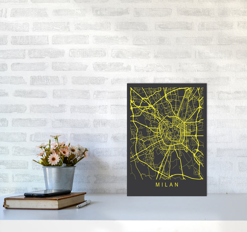 Milan Map Neon Art Print by Pixy Paper A3 Black Frame