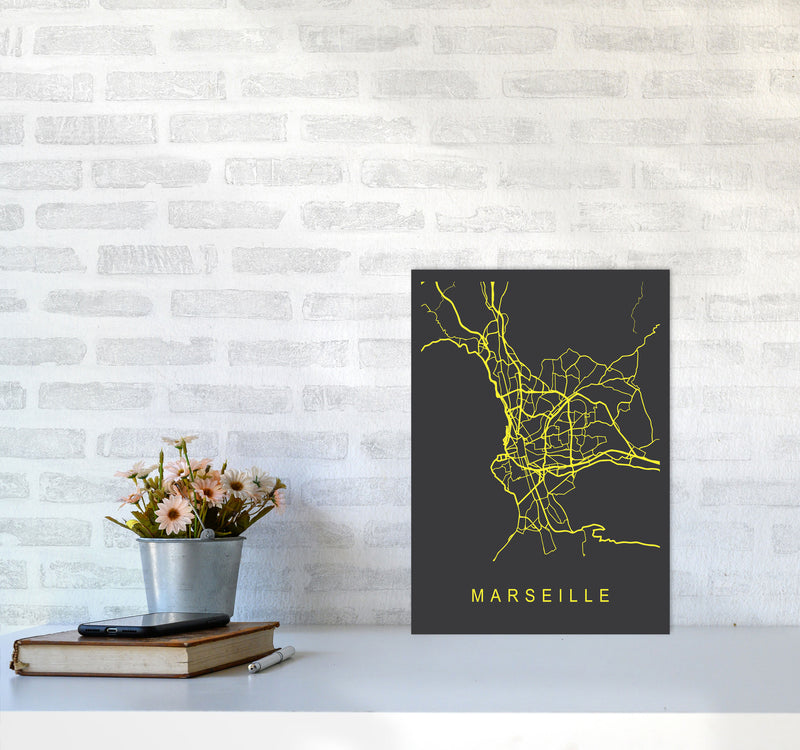Marseille Map Neon Art Print by Pixy Paper A3 Black Frame