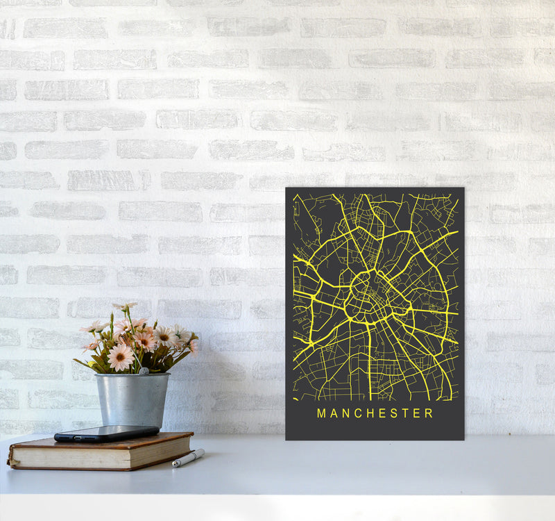 Manchester Map Neon Art Print by Pixy Paper A3 Black Frame