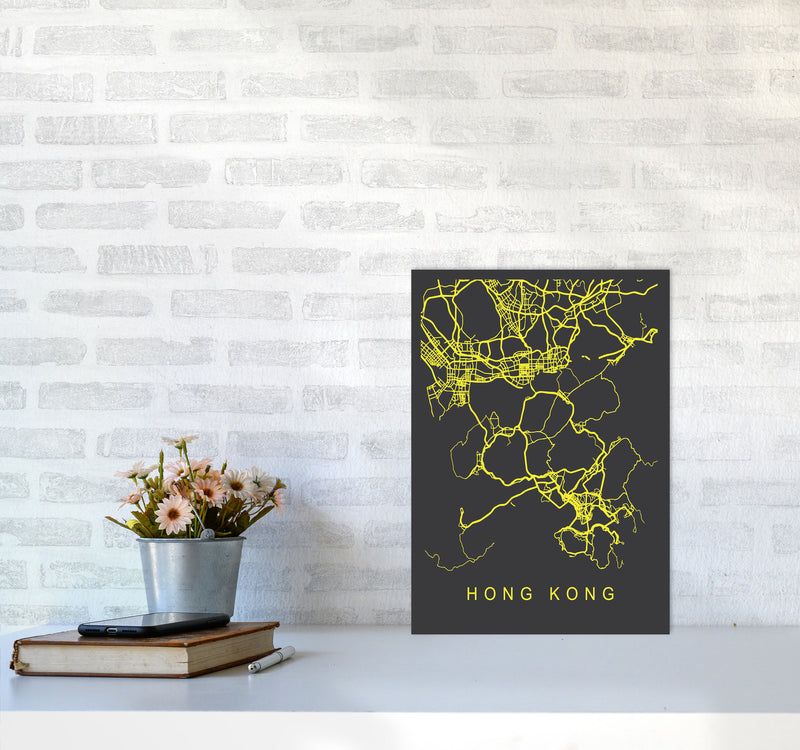 Hong Kong Map Neon Art Print by Pixy Paper A3 Black Frame
