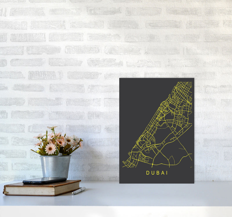 Dubai Map Neon Art Print by Pixy Paper A3 Black Frame