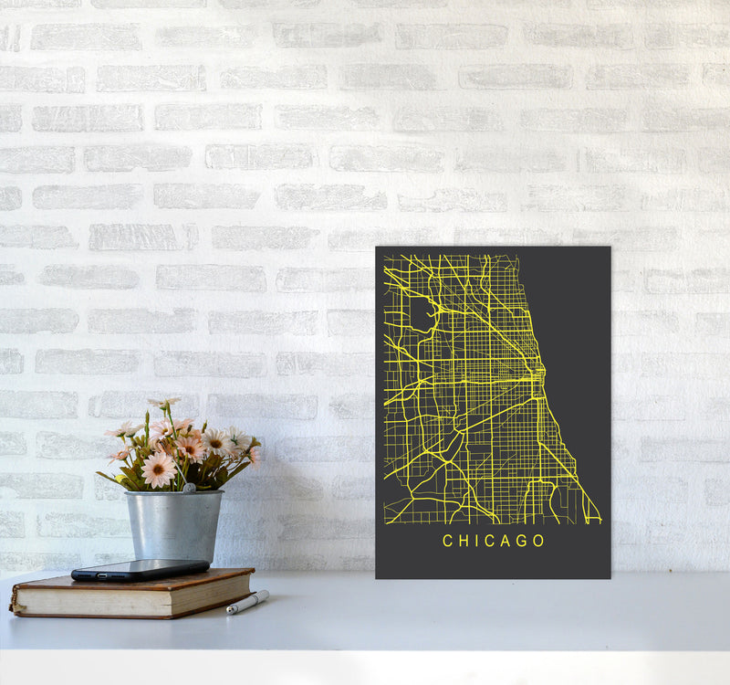 Chicago Map Neon Art Print by Pixy Paper A3 Black Frame
