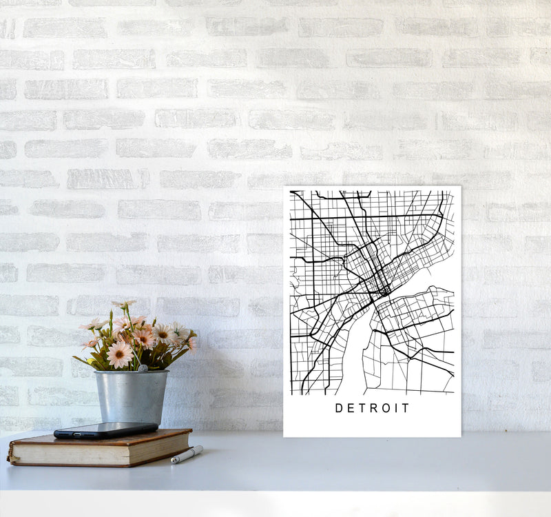 Detroit Map Art Print by Pixy Paper A3 Black Frame
