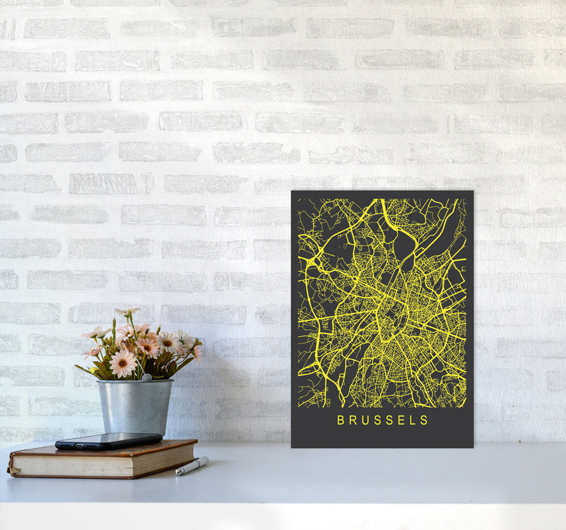 Brussels Map Neon Art Print by Pixy Paper A3 Black Frame