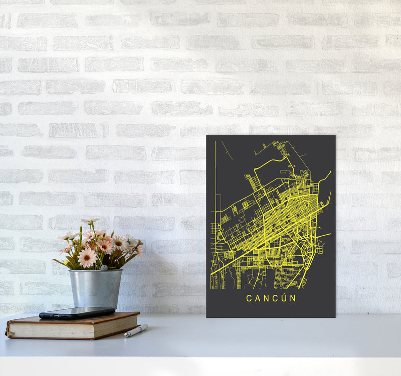 Cancun Map Neon Art Print by Pixy Paper A3 Black Frame