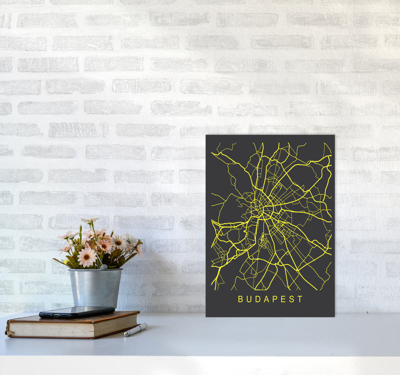 Budapest Map Neon Art Print by Pixy Paper A3 Black Frame