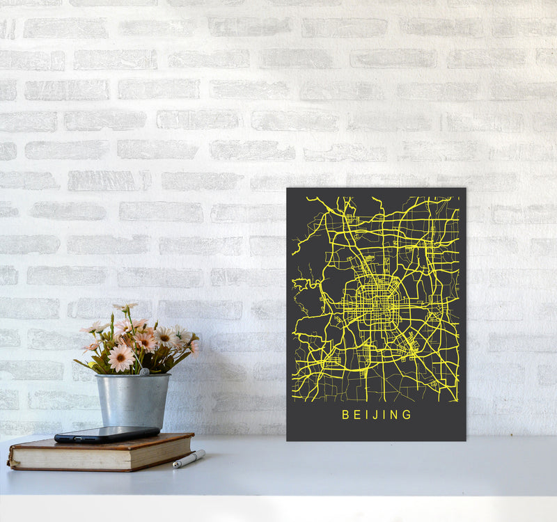 Beijing Map Neon Art Print by Pixy Paper A3 Black Frame