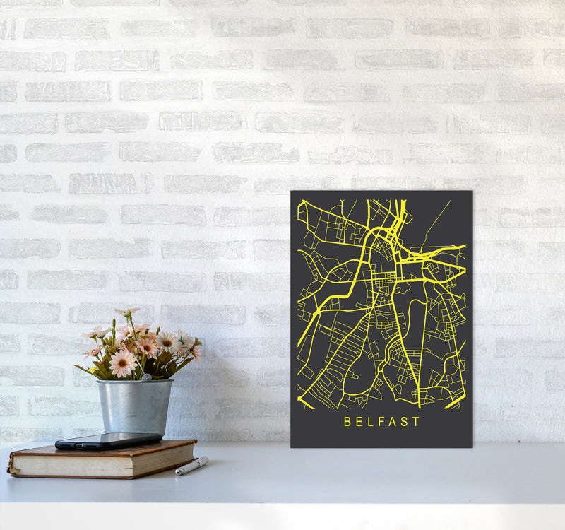 Belfast Map Neon Art Print by Pixy Paper A3 Black Frame