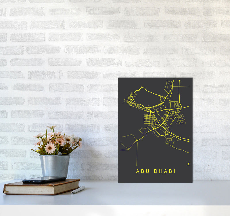 Abu Dhabi Map Neon Art Print by Pixy Paper A3 Black Frame